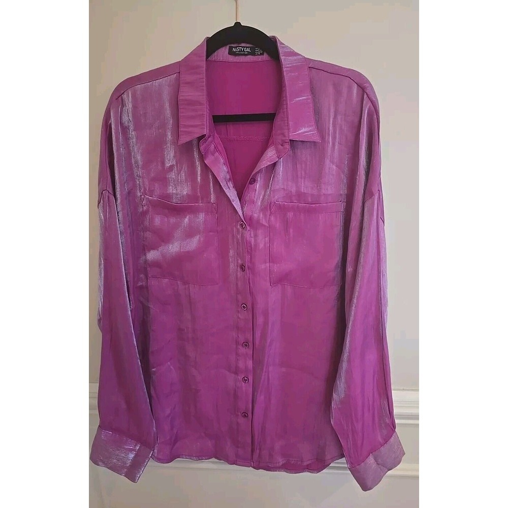 Nasty Gal Shirt‎ Purple Satin Shimmer Oversized Button Size 12 Iridescent